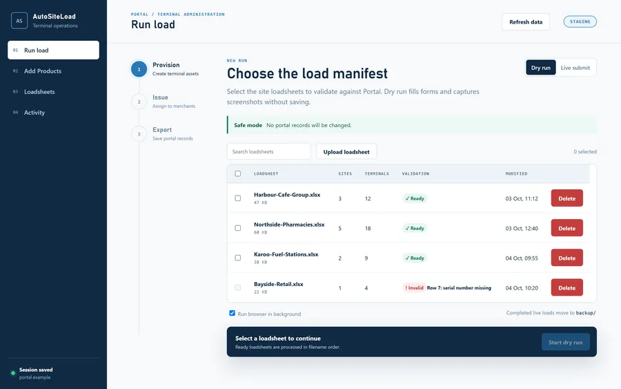 An operations web app that validates loadsheets and runs terminal provisioning step by step.