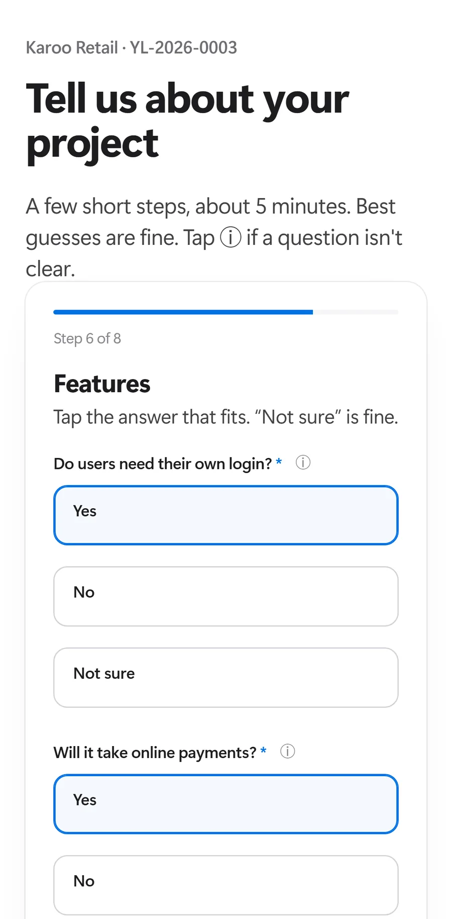 The project questionnaire on a phone: one topic per step with simple choices.